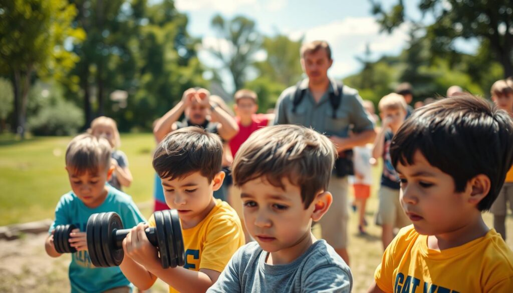 A bustling boot camp scene, with a group of energetic children engaged in various fitness activities. In the foreground, a pair of kids struggling with a weighted exercise, their expressions conveying confusion and uncertainty. In the middle ground, a drill sergeant-like instructor barking orders, their stern demeanor contradicting the playful atmosphere. The background depicts a serene outdoor setting, with lush greenery and a clear blue sky, hinting at the misconceptions of a rigid, unenjoyable boot camp experience. Warm, natural lighting illuminates the scene, adding a sense of welcoming despite the perceived intensity. The overall composition captures the dichotomy between the preconceived notions of boot camps and the reality of a nurturing, fun-filled environment.