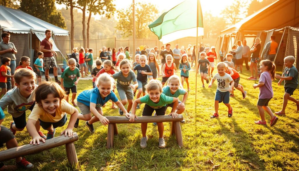 A dynamic group of children engaged in a variety of fun and engaging activities at a well-equipped boot camp. In the foreground, a team of kids are enthusiastically participating in an obstacle course, climbing, crawling, and leaping over obstacles with energy and determination. In the middle ground, others are playing a lively game of capture the flag, their faces alight with excitement. In the background, a diverse range of other activities can be seen, such as sports, arts and crafts, and outdoor exploration. The scene is bathed in warm, natural lighting, creating a vibrant and inviting atmosphere. The overall mood is one of joy, camaraderie, and a sense of physical and mental challenge.