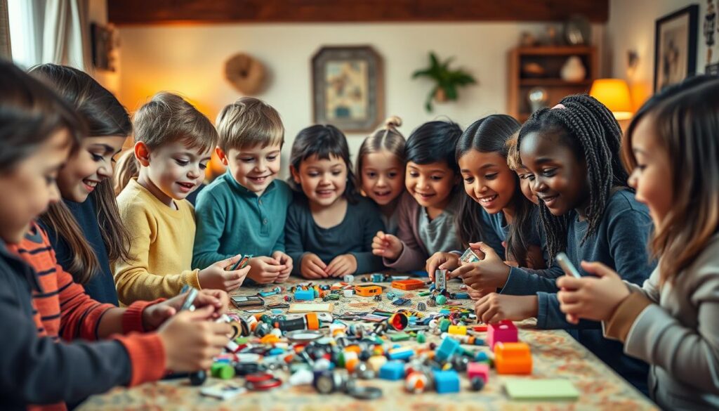 A group of diverse children enthusiastically gathered around a table, engaged in a lively trading game. The foreground features the players, their expressions filled with excitement and concentration as they examine a collection of miscellaneous items in their hands. The middle ground showcases the table, covered with a colorful tablecloth and scattered with an array of trinkets, toys, and other small objects. The background depicts a cozy, well-lit indoor setting, with warm lighting and subtle hints of décor that create a welcoming and inclusive atmosphere. The overall scene conveys a sense of camaraderie, discovery, and the joy of collective problem-solving.