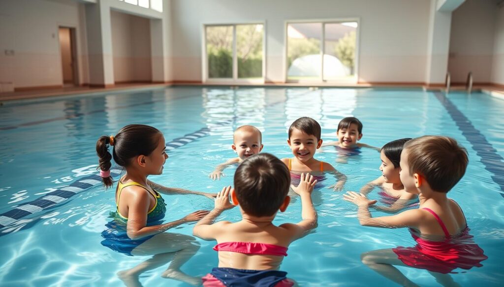 A serene swimming pool with clear, inviting waters. In the foreground, a group of cheerful children in colorful swimsuits receive one-on-one swim lessons from a patient, attentive instructor. The instructor uses a combination of hands-on guidance and encouraging demonstrations, helping the children master the fundamentals of swimming. Soft, natural lighting filters in through large windows, creating a warm, inviting atmosphere. The background features a tranquil, minimalist setting, allowing the focus to remain on the educational experience. An overall sense of safety, learning, and joy permeates the scene, capturing the essential importance of teaching children the invaluable life skill of swimming.
