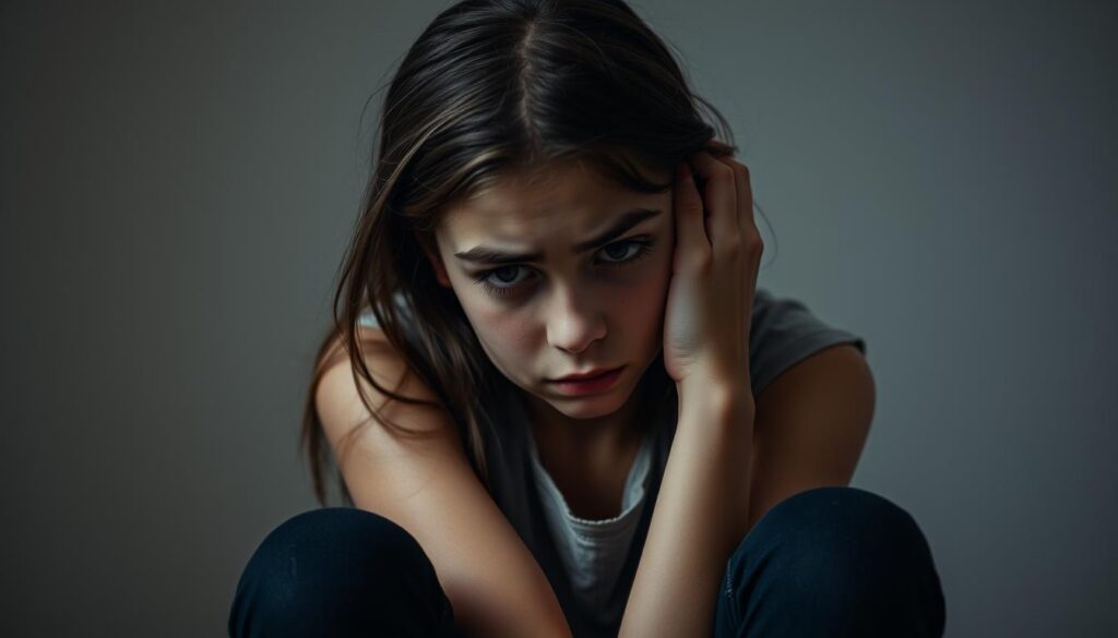 A thoughtful, empathetic portrait of a troubled teenage girl sitting alone, her expression conveying a mix of sadness, anxiety, and introspection. The lighting is soft and muted, casting gentle shadows that add depth and nuance to her features. The background is blurred, placing the focus entirely on her face and upper body, creating a sense of emotional isolation. The composition is carefully balanced, with the subject centered and filling the frame, evoking a sense of vulnerability and the weight of her internal struggles. The overall mood is one of quiet contemplation, inviting the viewer to pause and reflect on the challenges faced by young people grappling with mental health issues.