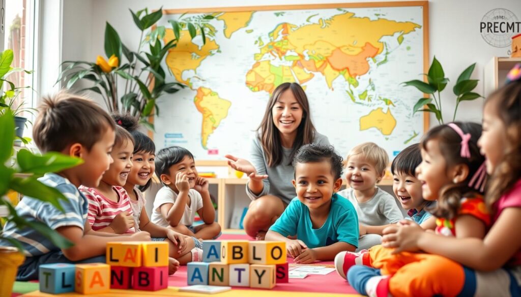 A vibrant and whimsical scene of young children engaged in language learning. In the foreground, a group of diverse kids sit in a colorful classroom, faces lit with joy as they practice new vocabulary words, surrounded by educational props like alphabet blocks and flashcards. The middle ground features a teacher guiding the lesson, using warm, encouraging gestures. In the background, a large world map, framed by lush plants, suggests the global perspectives being nurtured. The lighting is soft and natural, creating an inviting, nurturing atmosphere that inspires curiosity and language exploration.