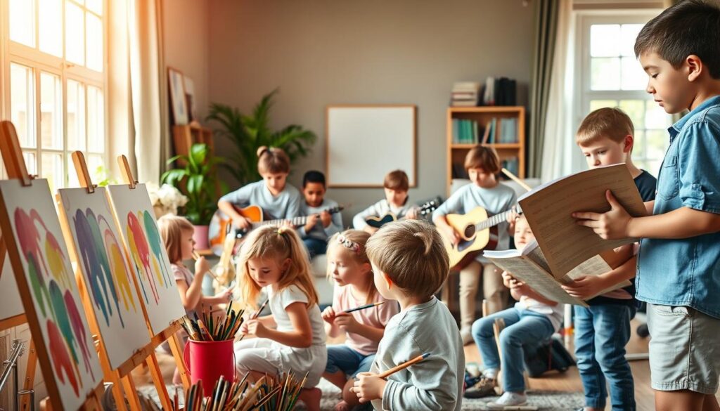 A vibrant scene of children engaged in a variety of creative pursuits. In the foreground, a group of young artists sit at an easel, brushes in hand, painting colorful masterpieces. In the middle ground, a trio of budding musicians strum guitars and bang on drums, lost in their own lively melody. In the background, a young thespian recites lines from a script, gesturing dramatically. Soft, natural lighting filters through large windows, casting a warm glow over the entire tableau. The atmosphere is one of unbridled imagination, curiosity, and joy, as the children explore their artistic passions.