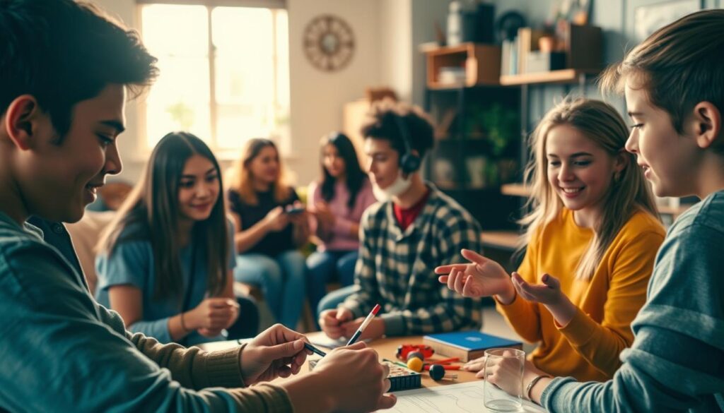 A vibrant scene of youth engaged in life skills activities, captured in a warm, natural light. In the foreground, a group of teenagers collaborate on a hands-on STEM project, their faces alight with curiosity and problem-solving determination. In the middle ground, a circle of young people practice effective communication skills, gesturing animatedly as they engage in lively discussion. In the background, a cozy, well-equipped learning space provides the ideal setting for these meaningful, enriching experiences. The overall atmosphere exudes a sense of exploration, discovery, and the joyful acquisition of essential life competencies.