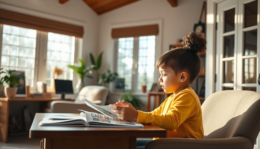 A welcoming home office, soft natural lighting filtering through large windows. A young child sits at a desk, intently studying career guides and leaflets, with a thoughtful expression. Nearby, a caring parent offers guidance, gesturing towards different options, fostering a collaborative exploration of interests and abilities. The scene evokes a sense of nurturing support, as the child navigates the exciting process of discovering their passions and finding the right path forward.