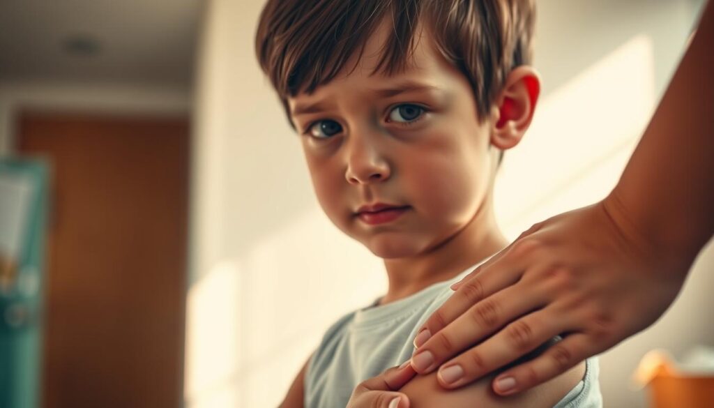A child with magnesium deficiency symptoms, standing in a well-lit, clinical setting. Their skin appears pale and drawn, with dark circles under their eyes. The child's posture is hunched, conveying a sense of fatigue. In the foreground, a hand gently touches the child's arm, suggesting a caring, nurturing presence. The background is blurred, drawing the viewer's focus to the child's face and body language, which clearly communicate the physical and emotional toll of this mineral deficiency. Warm, natural lighting illuminates the scene, creating a sense of compassion and concern. The composition and lighting aim to capture the child's vulnerability and the importance of addressing this health issue.