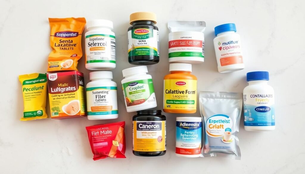 A neatly arranged display of various safe laxative options for children, including senna-based tablets, fiber supplements, and gentle stool softeners, all presented on a clean, neutral-toned surface. The lighting is soft and diffused, highlighting the products' colors and textures. The image conveys a sense of trustworthiness, care, and attention to detail, suitable for an informative medical article on pediatric laxatives.