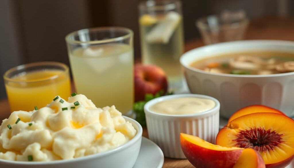A nourishing arrangement of soft, soothing foods to aid in throat healing after a tonsillectomy. In the foreground, a bowl of creamy mashed potatoes, sprinkled with chives. Alongside, a soft-boiled egg with a runny yolk, and a small ramekin of rich, velvety custard. In the middle ground, a glass of chilled, refreshing apple juice, and a plate of ripe, juicy peach slices. In the background, a steaming bowl of chicken noodle soup, the broth clear and comforting. Soft, diffused lighting casts a warm, healing glow over the scene. The overall mood is one of nourishment, care, and gentle restoration.