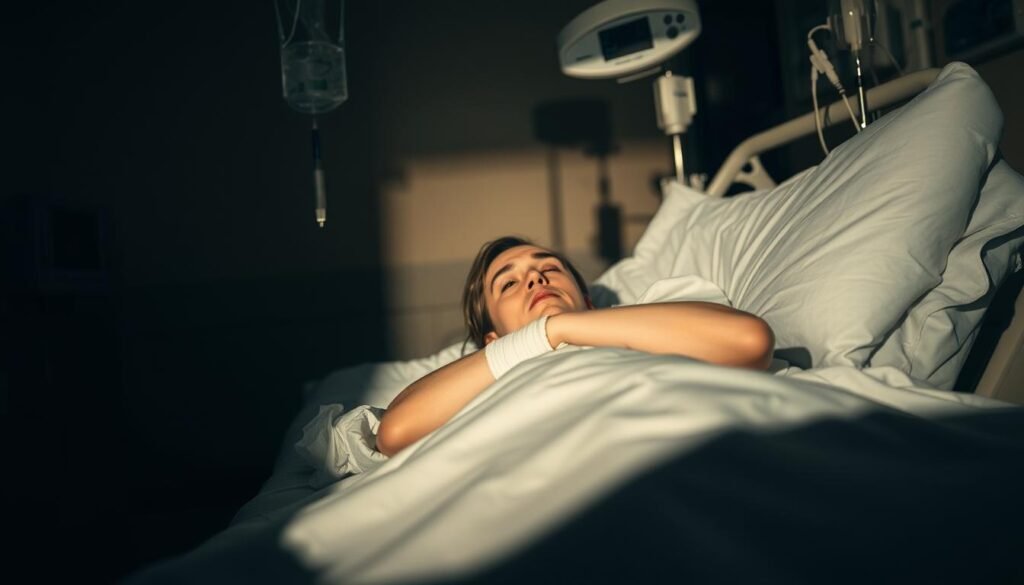 A patient lies in a hospital bed, bandaged and distressed, surrounded by medical equipment. The room is dimly lit, creating a somber atmosphere. Shadows cast by the IV drip and monitors accentuate the subject's pallor. The foreground is in sharp focus, while the background is blurred, drawing the viewer's attention to the central figure. The lighting is balanced, with a warm glow from the overhead fixtures softening the harsh hospital setting. The composition conveys a sense of vulnerability and the challenges faced during the recovery process.