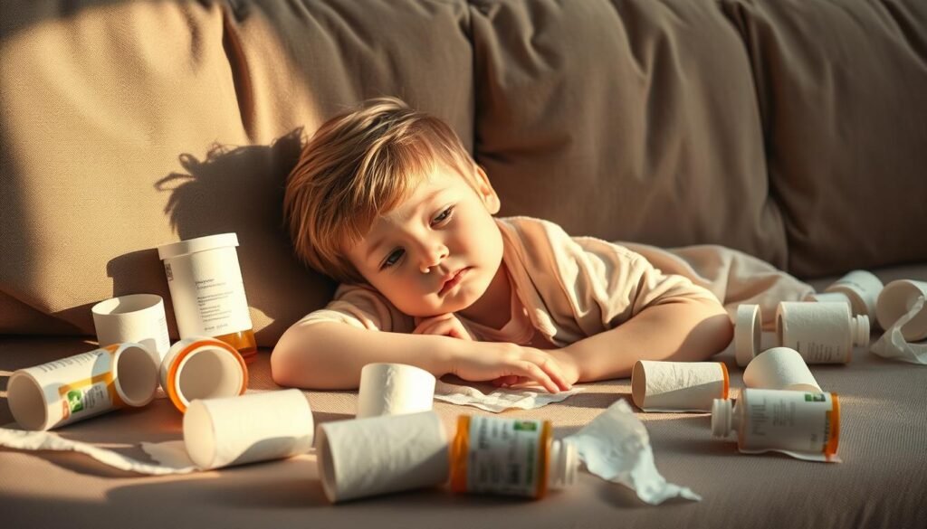 A young child lying on a couch, their face flushed and expression uncomfortable, surrounded by scattered toilet paper rolls and empty laxative bottles. Soft, warm lighting illuminates the scene, casting gentle shadows that accentuate the child's distress. The room's neutral tones create a sense of domestic familiarity, heightening the viewer's empathy for the child's plight. The composition draws the eye to the child's central position, emphasizing the subject's vulnerability and the potential consequences of laxative misuse. An atmosphere of concern and caution permeates the image, underscoring the importance of responsible laxative administration for pediatric patients.