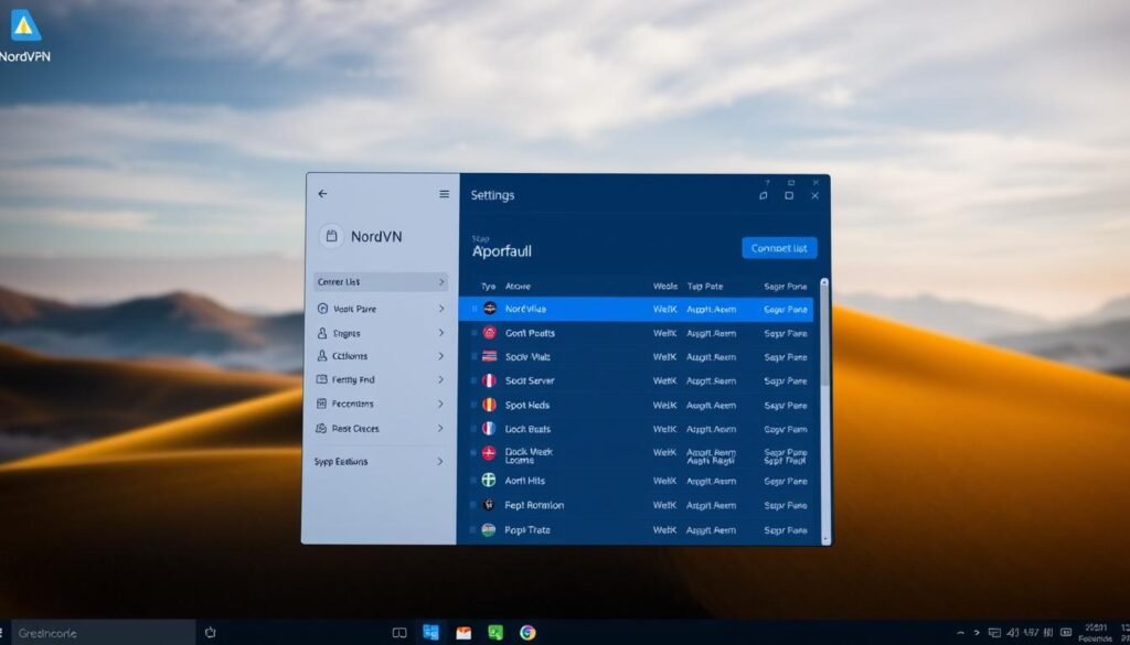 A beautifully designed NordVPN desktop application interface, showcasing its intuitive and user-friendly features. The foreground displays the main app window with a clean, minimalist design, featuring a prominent connection button and streamlined settings options. The middle ground highlights the NordVPN server list, offering a visually appealing and organized presentation of the available locations. The background subtly depicts a serene, blurred landscape, creating a calming and professional atmosphere to convey the app's focus on privacy and security. The lighting is soft and natural, with a warm, inviting tone that enhances the overall visual appeal. The camera angle is slightly elevated, providing a comprehensive view of the application's layout and functionality.