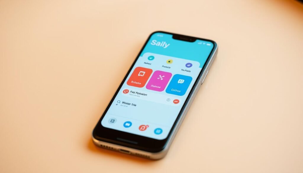 A beautifully designed mobile application interface, the Saily app, displayed on a sleek, modern smartphone. The screen showcases a clean, minimalist layout with intuitive navigation icons and a vibrant, eye-catching color scheme. The interface reflects a user-friendly experience, with clear sections and sections highlighting key features. The screen is illuminated by warm, natural lighting, creating a inviting and accessible atmosphere. The smartphone is positioned in a way that showcases the app's functionality and overall design aesthetic, capturing the essence of how Saily works.