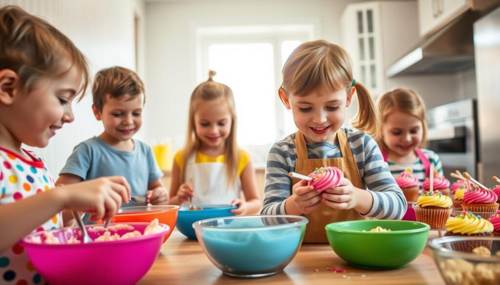 A bright, cheerful kitchen scene showcasing children engaged in various culinary activities. In the foreground, a group of youngsters enthusiastically mixing ingredients in colorful bowls, their faces filled with excitement. In the middle ground, a child carefully decorating cupcakes with vibrant frosting and sprinkles, their concentration evident. The background features a well-equipped kitchen with modern appliances, cabinets, and a large window flooding the space with natural light. The overall atmosphere is one of joyful learning, where the children's exploration of cooking and baking becomes an educational opportunity to develop essential skills and foster a love for the culinary arts.