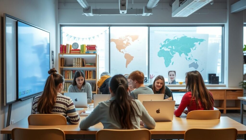 A bright, modern classroom setting, with a large interactive whiteboard prominently displayed in the foreground. In the middle ground, a group of students of diverse backgrounds engaging in a video call with an online language instructor, their faces illuminated by the glow of their laptop screens. In the background, shelves of language-learning resources and a world map, hinting at the global reach of the italki platform. Soft, natural lighting filters in through large windows, creating a warm and inviting atmosphere. The overall scene conveys the seamless integration of technology and education, highlighting the intuitive and user-friendly nature of the italki experience.
