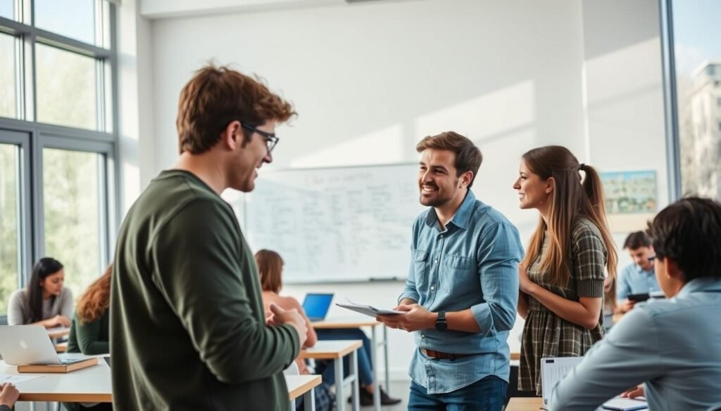 A bright, modern classroom with large windows letting in natural light. In the foreground, a student and a teacher engaged in a lively discussion, their body language animated as they learn from each other. The student's face is alight with curiosity, the teacher leaning forward attentively. In the middle ground, a whiteboard filled with vocabulary and grammar notes, and around the room, other students working in pairs or small groups, immersed in their English lessons. The atmosphere is one of collaboration and intellectual stimulation, capturing the dynamic exchange of knowledge between tutor and student.
