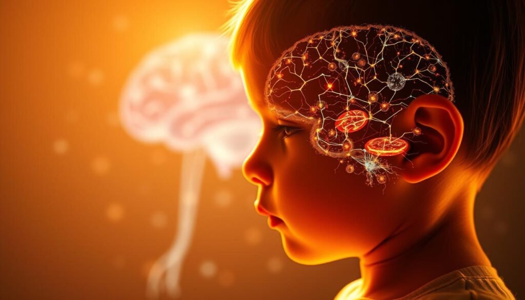 A bright, warm-lit scene showcasing the intricate journey of a child's brain development. In the foreground, a young face in profile, delicate features lit from the side, revealing the vibrant neural pathways branching and expanding within. The middle ground depicts a stylized representation of the brain, glowing with activity, synapses firing, and regions lighting up in a symphony of growth and discovery. The background fades into a soft, ethereal environment, suggesting the boundless potential and wonder of the developing mind. Captured with a cinematic, slightly wide-angle lens to convey the grand scale of this profound process, the image exudes a sense of awe and inspiration.