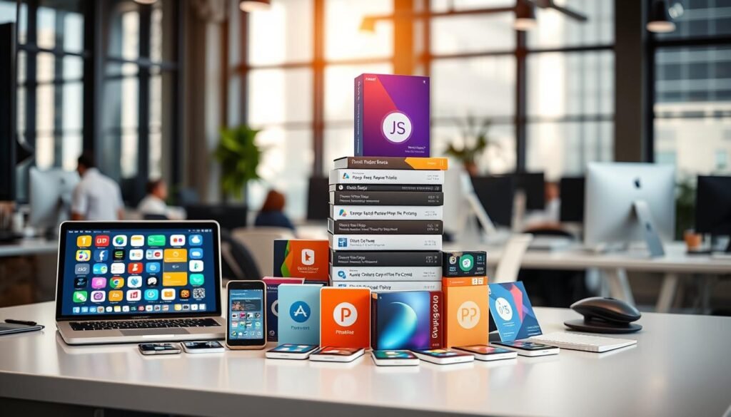 A bustling office setting, with a wide array of productivity apps neatly arranged on a sleek, modern desk. The foreground features a laptop, tablet, and smartphone, each displaying various app icons and interfaces. In the middle ground, a stack of bundled software packages stands prominently, their vibrant colors and shapes conveying the value and versatility of the curated suite. The background is softly blurred, with a subtle play of natural lighting filtering through large windows, creating a warm, productive atmosphere. The overall composition communicates the efficiency, organization, and synergy of a comprehensive productivity toolkit at the user's fingertips.