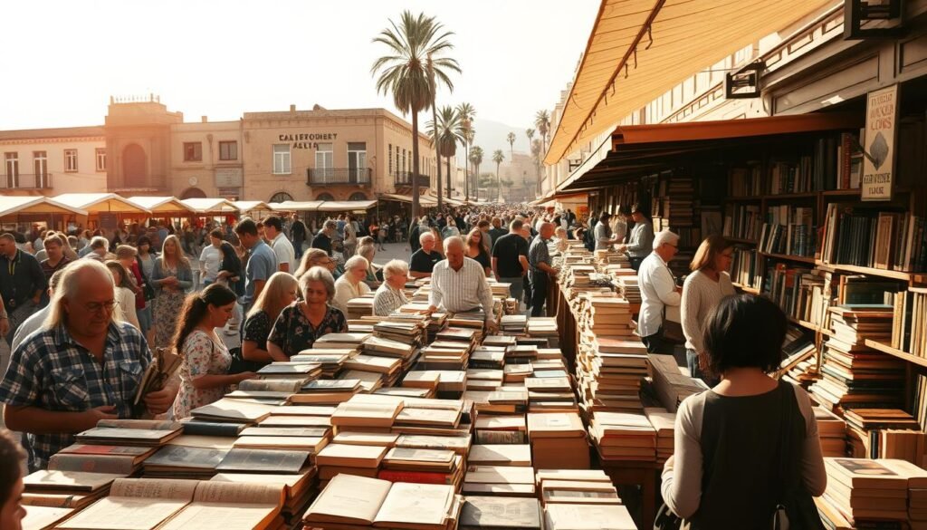 A bustling open-air marketplace with rows of stalls displaying a diverse array of well-worn, second-hand books. The sunlight filters through the canopy, casting a warm, vintage glow over the scene. In the foreground, customers browse through the shelves, their faces alight with the thrill of discovering literary treasures. The middle ground is filled with the chatter of booksellers, each proudly showcasing their wares - leather-bound classics, dog-eared paperbacks, and rare, antique tomes. In the background, the facades of old buildings and the distant silhouettes of palm trees create a sense of place, transporting the viewer to a vibrant, cultural hub where the written word is celebrated and exchanged.
