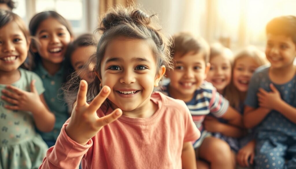 A cheerful group of children playing and exploring their emotional strengths, bathed in warm natural light. In the foreground, a young girl confidently expressing her feelings through expressive hand gestures. In the middle ground, a boy deeply engaged in imaginative play, showcasing his empathy and creativity. In the background, a diverse group of children supporting each other, their faces radiating joy and resilience. The scene captured with a soft, cinematic lens, conveying a sense of wonder and the beauty of emotional intelligence in childhood.