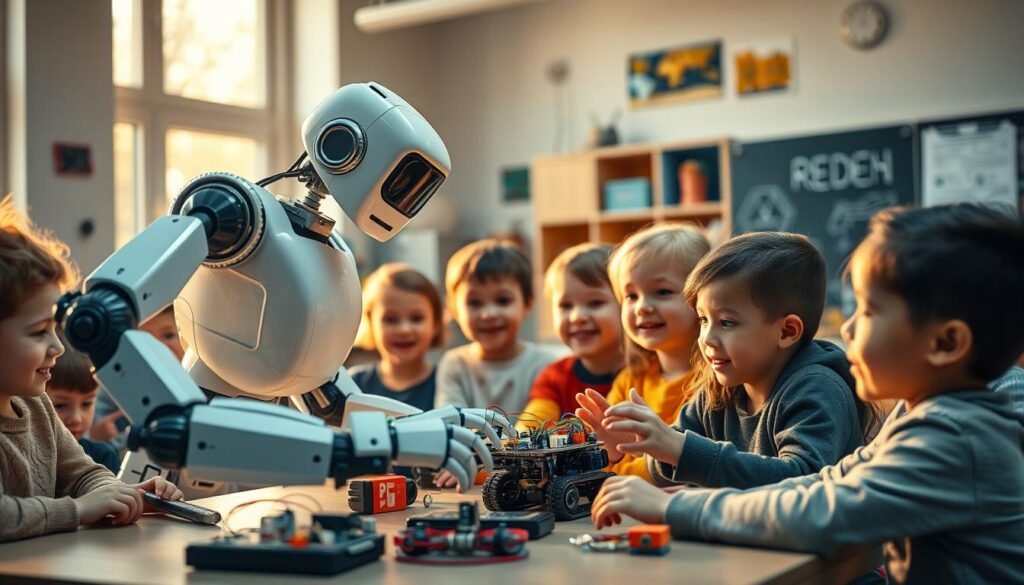 A classroom filled with curious children, captivated by a friendly robot instructor demonstrating the basics of coding and robotics. The robot's mechanical arms gracefully move, guiding young hands through the assembly of a simple robot kit. Warm, natural lighting filters through large windows, casting a nurturing glow on the scene. The children's faces are alight with wonder and excitement as they learn the building blocks of innovation. In the background, a cutting-edge STEM learning station with an array of components, tools, and educational materials creates an inspiring, technology-rich environment. This image conveys the joy and magic of empowering children to explore the world of robotics and unleash their inner inventor.