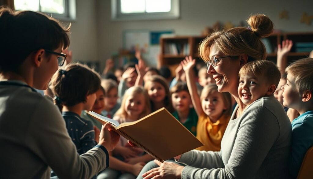 A classroom filled with eager students, gathered in a cozy circle, captivated by the power of storytelling. In the foreground, a teacher animatedly gestures, weaving a tale that transports the children to a whimsical world. The middle ground showcases the rapt expressions of the students, their eyes wide with wonder and their hands raised in excitement, eager to share their own stories. The background is softly lit, creating a warm and inviting atmosphere, encouraging creativity and collaboration. Subtle, natural lighting filters through the windows, casting a gentle glow over the scene. The overall composition captures the joy and imagination that storytelling fosters in a vibrant, engaging classroom setting.