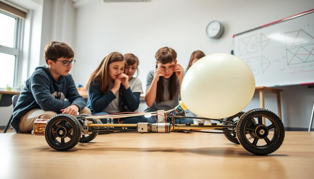 A classroom filled with natural light, where a group of students eagerly construct a balloon-powered car. In the foreground, a sleek, aerodynamic vehicle takes shape, its chassis meticulously crafted from recycled materials. The middle ground showcases the students' focused expressions as they tinker with the balloon's placement, adjusting the angle and tension to optimize the car's thrust. In the background, a whiteboard displays diagrams and equations, illustrating the principles of Newton's laws of motion that guide this hands-on experiment. The scene radiates a sense of scientific exploration, with the students' curiosity and problem-solving skills palpable in the air.