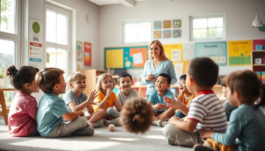 A classroom setting with an open, airy atmosphere. In the foreground, a group of children sitting in a circle, their faces alight with curiosity and eagerness to learn. They are engaged in a discussion, gesturing animatedly as they share their ideas. In the middle ground, a teacher stands, her expression warm and encouraging, guiding the children's conversation with gentle prompts. Vibrant educational posters and colorful learning materials adorn the walls, creating a stimulating and nurturing environment. The background features large windows, allowing natural light to flood the space. The lighting is soft and diffused, casting a hopeful, uplifting glow on the scene. The overall mood is one of collaborative learning, intellectual exploration, and a collective sense of growth and possibility. Prompt