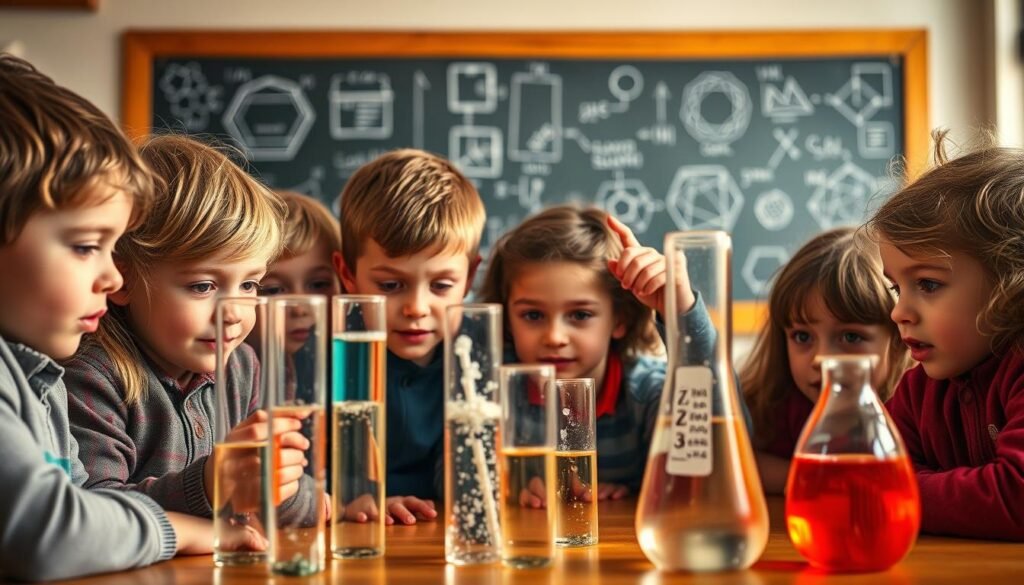 A classroom setting with young children gathered around a science experiment, faces filled with wonder and curiosity. Warm, natural lighting illuminates their inquisitive expressions as they peer closely at the bubbling test tubes and beakers. In the background, a chalkboard displays scientific diagrams and formulas, hinting at the wealth of knowledge waiting to be uncovered. The scene radiates an atmosphere of discovery, encouraging the children's innate scientific curiosity to blossom. Tight framing emphasizes the children's engaged participation, while a shallow depth of field keeps the focus on their fascinated expressions.