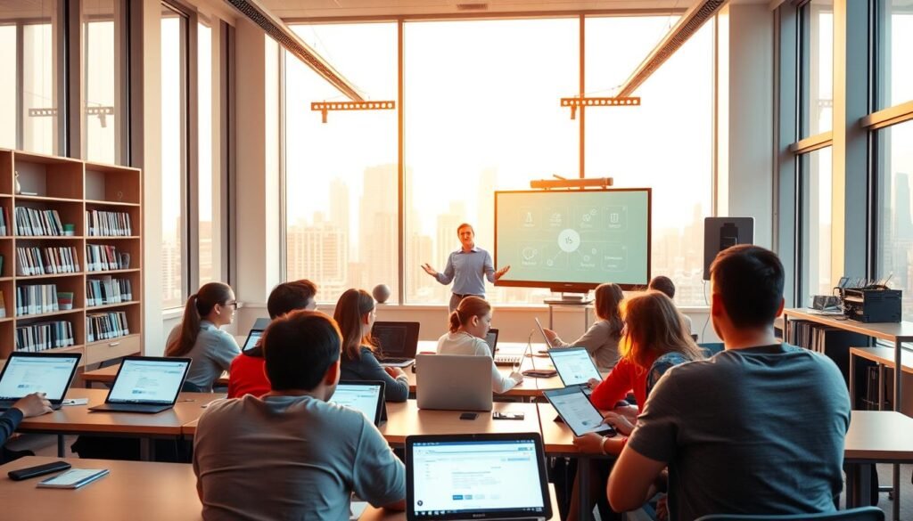 A clean, well-lit classroom interior with large windows overlooking a bustling city skyline. In the foreground, a group of students intently studying on laptops and tablets, digital learning materials illuminating their focused expressions. In the middle ground, a teacher gestures animatedly, guiding the class through an interactive presentation on a large screen. The background depicts a modern, technology-infused learning environment, with shelves of digital textbooks and charging stations for mobile devices. Warm, natural lighting filters in, creating a sense of productivity and collaboration. The overall scene conveys the benefits of e-learning - increased accessibility, personalized instruction, and enhanced engagement for students in the digital age.