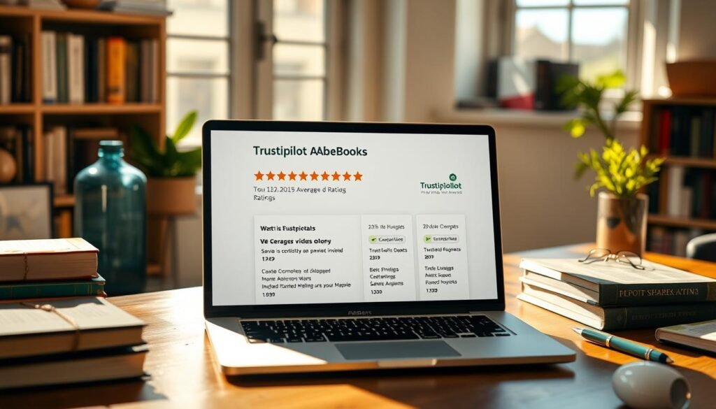 A clean, well-lit home office setting with a laptop, books, and stationery on a wooden desk. On the laptop screen, the Trustpilot ratings for AbeBooks are prominently displayed, showcasing a high average rating and numerous positive reviews. The room is bathed in warm, natural light, creating a sense of credibility and trustworthiness. The overall atmosphere is one of professionalism and authority, reflecting the reliability of the AbeBooks marketplace.