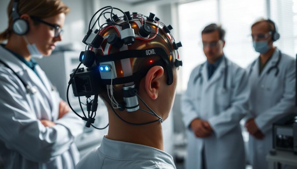 A clinical trial study of brain stimulation techniques, captured through a medical research lens. A laboratory setting with state-of-the-art equipment and doctors in white coats diligently observing patient responses. Soft, directional lighting illuminates the scene, casting shadows that accentuate the intricate neurological devices and electrodes attached to the subject's head. The mood is one of scientific inquiry and discovery, with a sense of cautious optimism about the potential therapeutic applications. The overall composition strikes a balance between the clinical environment and the human elements, conveying the importance of this cutting-edge neurotech research.