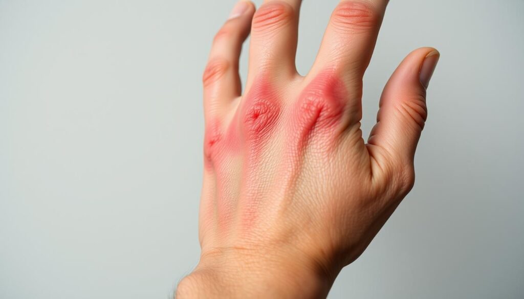 A close-up view of a person's hand experiencing the visible symptoms of magnesium toxicity. The skin appears reddened, swollen, and irritated, with a slight tingling sensation. The background is a plain, neutral color, drawing the viewer's attention to the affected hand. The lighting is soft and diffused, highlighting the textural details of the skin. The angle is slightly tilted to emphasize the severity of the condition, conveying a sense of discomfort and unease. The overall mood is one of clinical observation, focusing on the physiological manifestations of this specific mineral imbalance.