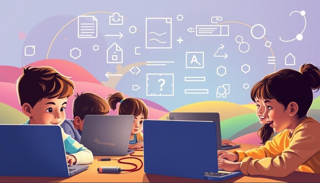 A colorful, engaging illustration of the fundamental concepts of programming for children. In the foreground, a group of diverse children exploring coding on their laptops, their faces filled with curiosity and excitement. In the middle ground, simple geometric shapes and symbols representing core programming principles like variables, loops, and conditional statements. In the background, a vibrant, abstract landscape of swirling lines and shapes, suggesting the boundless creativity and problem-solving inherent in the world of computer science. The lighting is soft and warm, creating a welcoming, inviting atmosphere. The composition is balanced and visually appealing, drawing the viewer's eye through the various layers of the image.