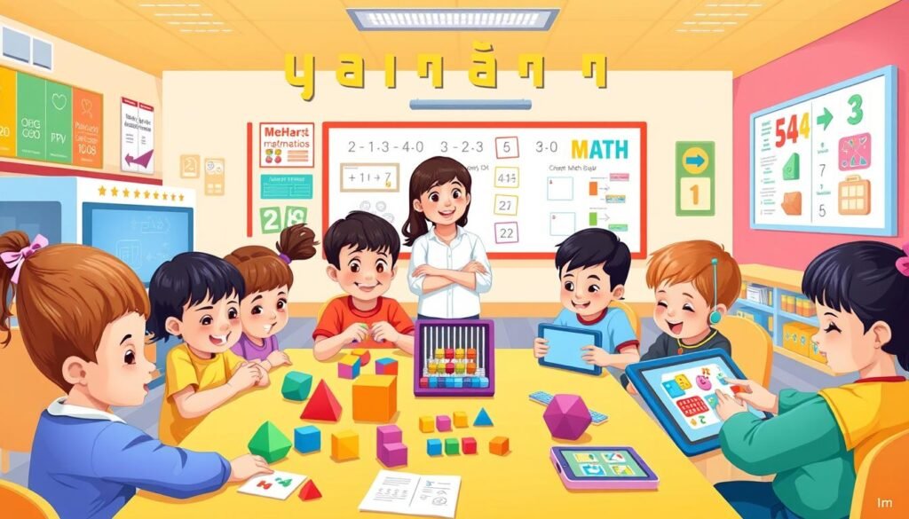A colorful, vibrant illustration of the "برنامج يو سي ماس للأطفال" educational program for children. The image depicts a cheerful classroom scene with young students engaged in hands-on math activities, such as manipulating geometric shapes, using abacuses, and solving puzzles on digital tablets. The foreground shows a diverse group of students collaborating and exploring mathematical concepts. The middle ground features a friendly, approachable teacher guiding the class. The background showcases a modern, technology-enabled learning environment with interactive whiteboards, educational posters, and a bright, stimulating color palette. The overall scene conveys a sense of creativity, innovation, and joy in learning mathematics.