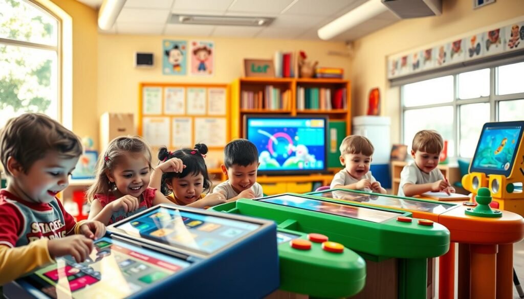 A colorful, vibrant scene depicting interactive educational games. In the foreground, a group of children enthusiastically engage with various digital and tactile learning tools, their faces alight with curiosity and excitement. The middle ground showcases an array of engaging game interfaces, featuring bright colors, intuitive controls, and immersive graphics. In the background, a warm, inviting classroom setting with educational posters, shelves of books, and a large window allowing natural light to flood the space, creating a sense of warmth and discovery. The overall atmosphere conveys the joy and enrichment of interactive, hands-on learning, inspiring a desire to explore and grow. Captured with a wide-angle lens to emphasize the depth and interconnectedness of the educational experience.