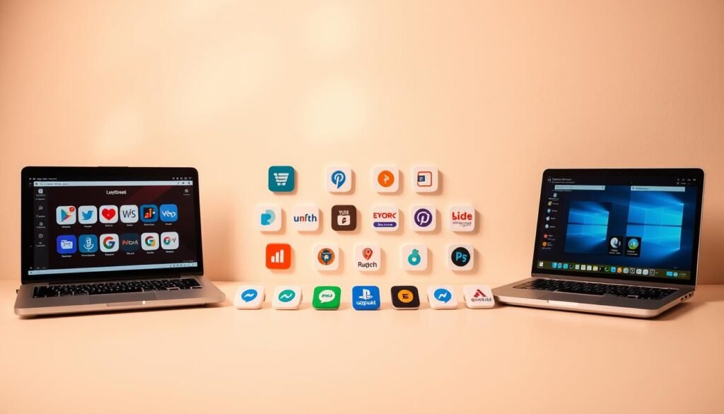 A comparison of language learning platforms against a clean, minimalist background. In the foreground, sleek laptop displays showcase various online learning interfaces, their icons and designs conveying a sense of modern, digital education. The middle ground features neatly arranged icons and logos of well-known language learning apps, each distinct yet harmoniously arranged. The background is a soft, neutral tone, allowing the platforms to take center stage. Subtle, warm lighting casts a professional, inviting atmosphere, emphasizing the focus on language acquisition through digital means. The overall composition suggests a considered, analytical exploration of the available options for online language learning.