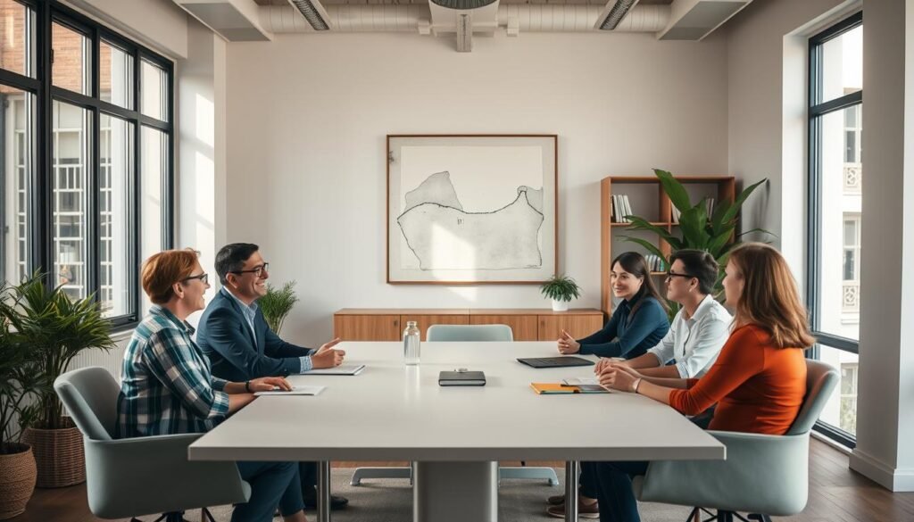 A cozy and inviting training session set in a modern, minimalist office space. Soft, natural lighting filters through large windows, creating a warm, focused atmosphere. In the foreground, a small group of professionals sit around a sleek conference table, engaged in a lively discussion. Their expressions are relaxed and attentive, reflecting the productive yet casual nature of the session. The middle ground features a large, abstract art piece on the wall, adding a touch of visual interest and creativity to the space. In the background, a bookshelf and potted plants create a sense of depth and subtle elegance. The overall scene conveys a sense of productive collaboration and personal growth, perfectly capturing the unique features of the Mindvalley learning experience.