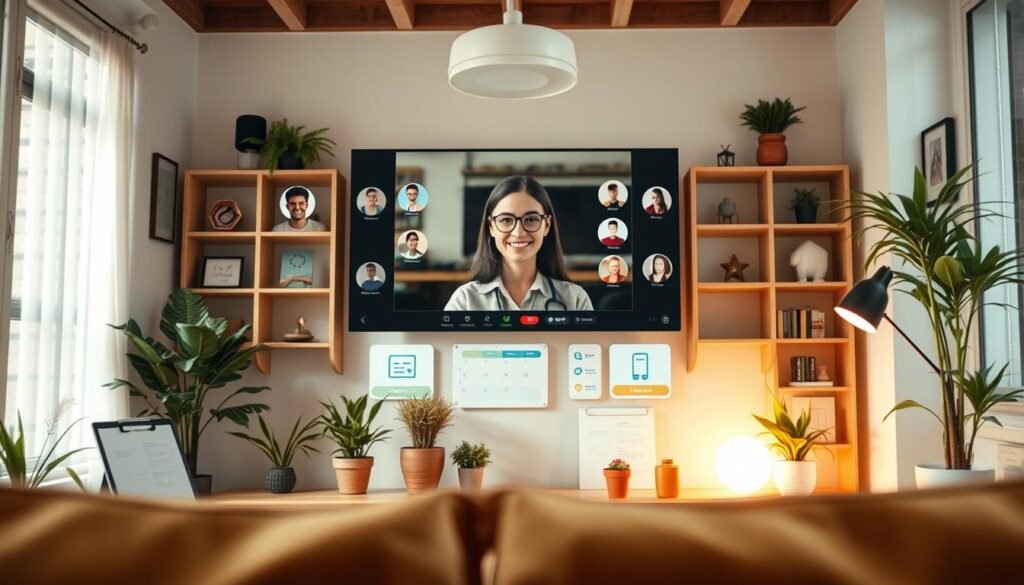 A cozy and welcoming video chat platform for online English classes. The foreground features a virtual classroom setting with a teacher's face visible on a video call interface, surrounded by student profiles. The middle ground showcases various learning tools and features like whiteboards, document sharing, and interactive exercises. The background depicts a warm, inviting atmosphere with soft lighting, potted plants, and minimalist decor, creating an immersive and comfortable learning environment. The overall mood is one of personal connection, productivity, and a sense of collaborative education.