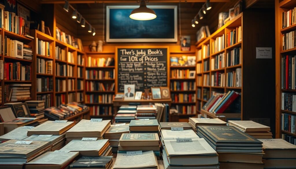 A cozy bookshop interior, well-lit by warm, inviting lighting. In the foreground, a display table showcases a variety of used, rare books with carefully hand-written price tags. The middle ground features bookshelves lining the walls, stocked with a diverse selection of volumes. In the background, a chalkboard displays the current promotions and discounts available, framed by the shop's rustic wooden décor. The overall atmosphere evokes a sense of discovery and the joy of finding hidden literary gems at affordable prices.