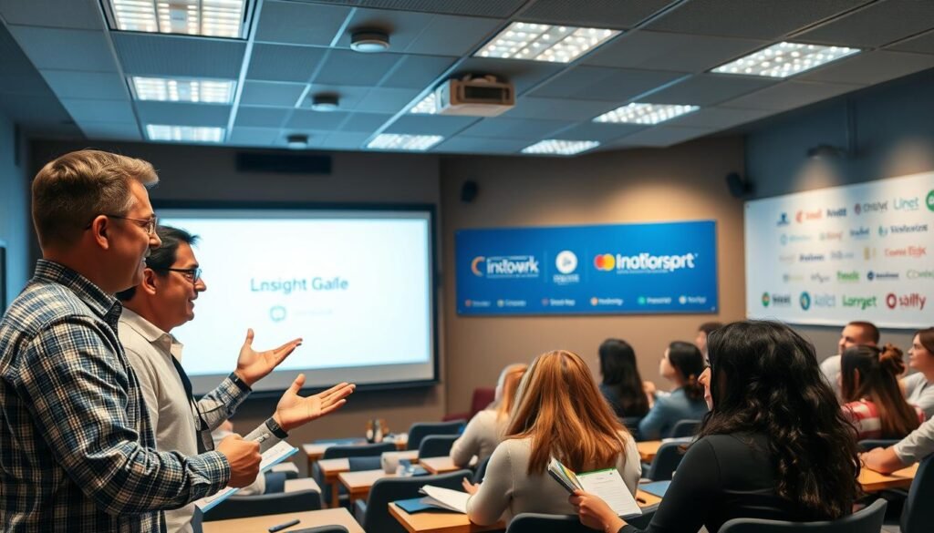 A cozy, brightly lit lecture hall with a large display screen at the front. In the foreground, two instructors - a man and a woman - are engaged in an animated discussion, gesturing towards the screen behind them. The middle ground features a diverse group of online learners, some taking notes, others actively participating. In the background, the walls are adorned with logos and banners showcasing industry partnerships, reflecting the collaborative nature of the online learning experience. The overall atmosphere is one of energy, innovation, and a shared commitment to bridging the gap between education and industry.
