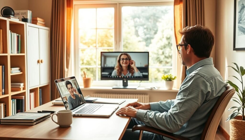 A cozy home office setting with a large window letting in warm natural light. In the foreground, a person sits comfortably at a desk, laptop open, engaged in an online video call with a native English tutor, their face visible on the screen. The tutor's image is rendered with realistic detail, creating a sense of personal connection. The middle ground features bookshelves, language learning materials, and a mug of tea, conveying a relaxed, productive atmosphere. The background showcases a lush, verdant outdoor scene, hinting at the flexibility and freedom of Cambly's online English lessons.