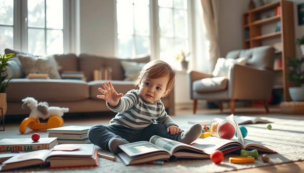A cozy, inviting living room setting with a young child sitting on the floor, surrounded by various toys and books that captivate their attention. Soft, natural lighting filters through large windows, creating a warm, nurturing atmosphere. The child's facial expression radiates curiosity and engagement, their hands reaching out to explore the engaging educational materials. In the background, a gentle bookshelf and comfortable armchair hint at a supportive, enriching environment that fosters the child's interests and curiosities. The composition emphasizes the importance of understanding a child's inherent interests as the foundation for effective motivation and learning.