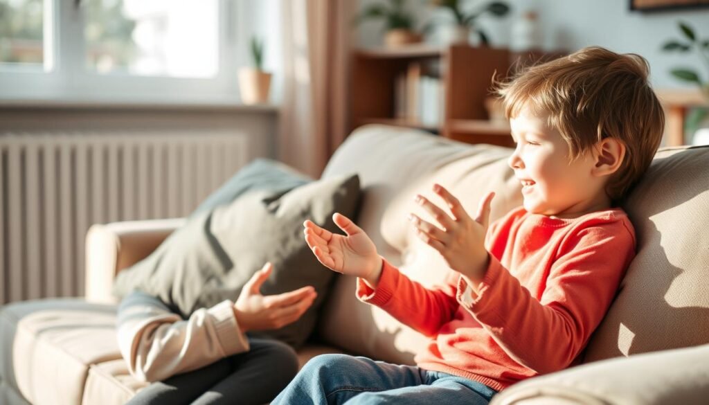 A cozy living room filled with natural light, two young siblings sitting on a plush couch, engaged in a playful conversation. The older sibling, with a gentle expression, listens attentively as the younger one animatedly shares their thoughts, their hands gesturing excitedly. The scene exudes a sense of warmth and understanding, capturing the essence of a close-knit sibling relationship. The background is softly blurred, allowing the focus to remain on the siblings, their bond and the intimacy of their interaction.