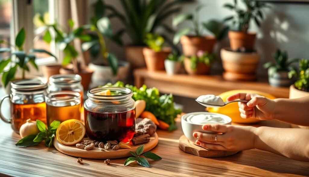 A cozy, natural-themed scene depicting various natural remedies for child constipation. In the foreground, an arrangement of soothing herbal teas, fresh fruits, and fiber-rich vegetables. In the middle ground, a warm-toned wooden table with a child's hand reaching for a spoonful of probiotic-rich yogurt. The background features potted plants, natural light filtering through a window, and a serene, earthy color palette. The lighting is soft and inviting, creating an atmosphere of gentle comfort and care. The overall composition conveys a sense of natural, holistic remedies for childhood constipation.
