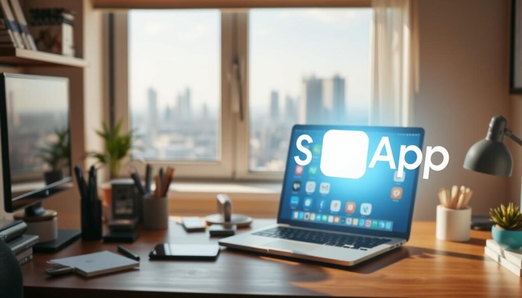 A cozy office setting with a desk, computer, and various productivity tools arranged neatly. In the foreground, a stylized SetApp logo hovers, emanating a soft glow. The middle ground features a laptop screen displaying a diverse array of app icons, representing the wide selection available through the SetApp subscription. The background showcases a window with a serene, blurred cityscape, creating a sense of tranquility and focus. The lighting is warm and inviting, with subtle shadows adding depth and dimension. The overall composition conveys the idea of a streamlined, all-in-one productivity solution that simplifies access to a curated suite of applications.