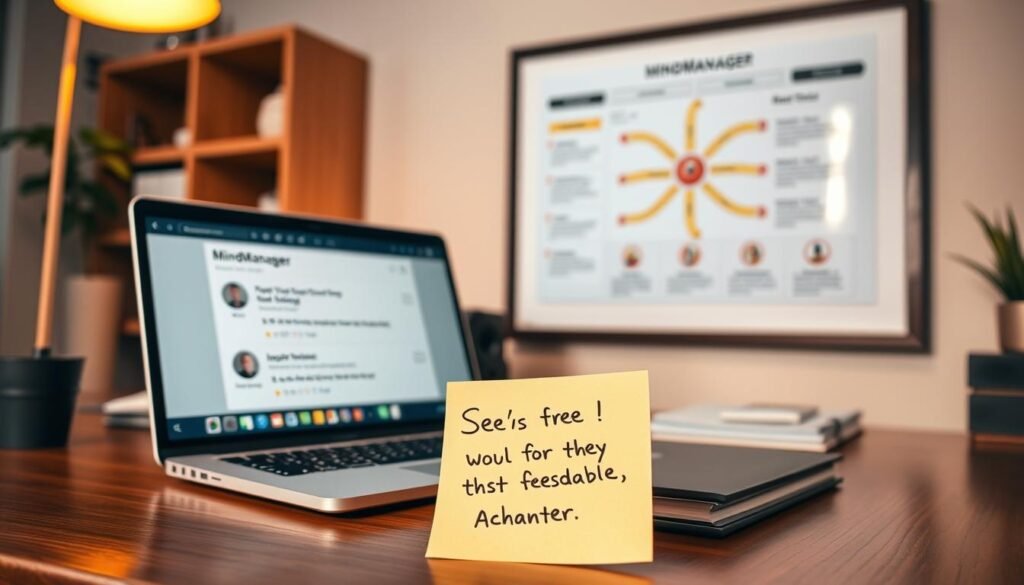A cozy office workspace with a wooden desk, where a laptop displays user reviews and ratings of the MindManager software. In the foreground, a hand-written sticky note with positive comments, while in the background, a framed wall display showcases an infographic summarizing user experiences. Warm lighting illuminates the scene, creating a professional yet inviting atmosphere. The overall composition conveys a sense of productivity, user trust, and the value of real-world feedback for the MindManager program.