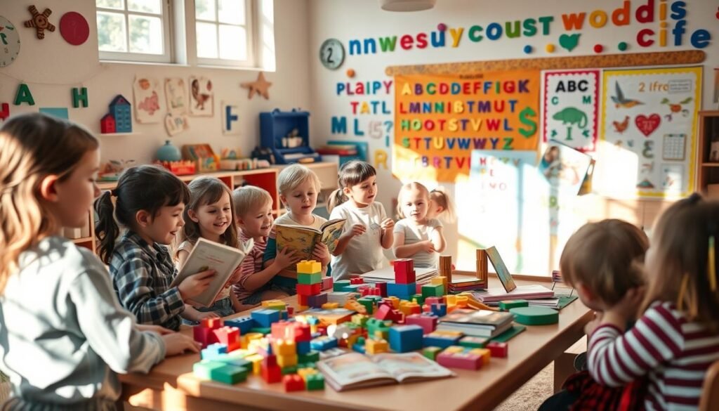 A cozy, sun-dappled classroom filled with engaging activities for children to explore and nurture their language skills. In the foreground, a group of young students excitedly participate in a storytelling session, their faces lit with wonder as they listen intently. In the middle ground, a table overflows with colorful building blocks, picture books, and educational games, inviting hands-on learning. The background showcases a vibrant display of alphabet letters, word charts, and whimsical artwork, creating an immersive, language-rich environment. Soft, warm lighting casts a gentle glow, fostering a calm, inviting atmosphere conducive to language development. The scene captures the joy and excitement of childhood exploration, where learning is seamlessly woven into playful, interactive experiences.