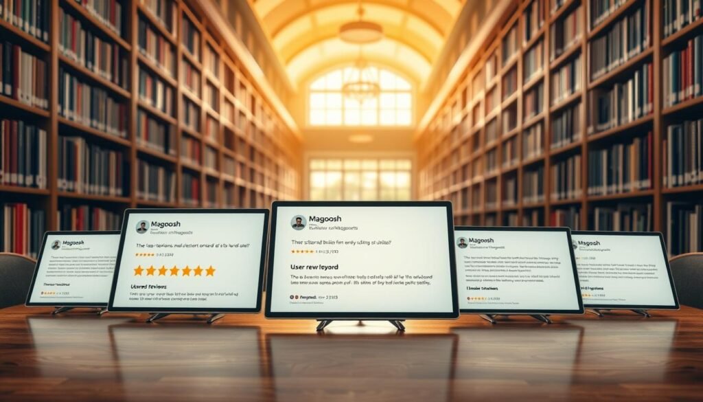 A cozy, sun-dappled library interior with rows of neatly organized bookshelves lining the walls. In the foreground, a collection of user reviews and ratings for Magoosh, displayed on crisp, digital screens resting on a polished wooden table. The displays showcase star ratings, testimonials, and user commentary in a visually engaging layout. Warm, indirect lighting casts a soft glow across the scene, creating an atmosphere of trust and credibility. The overall composition conveys a sense of professionalism, expertise, and a commitment to user feedback.