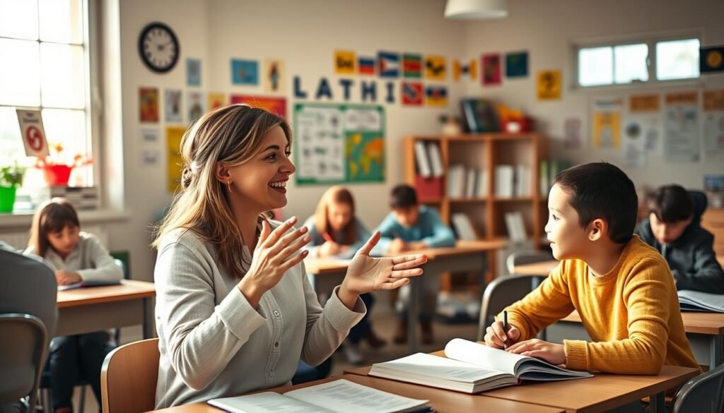 A cozy, sunlit classroom with a warm, inviting atmosphere. In the foreground, a teacher and student engaged in a lively language lesson, their expressions animated and attentive. The teacher's hands gesticulate expressively, guiding the student through the intricacies of the target language. In the middle ground, other students sit at desks, notebooks open, practicing exercises or conversing with partners. Soft, natural lighting filters in through large windows, casting a gentle glow over the scene. The background features an array of language-learning materials, from colorful posters to shelves of books, creating a sense of a nurturing, educational environment. An overall mood of collaboration, discovery, and the joy of learning a new language permeates the image.