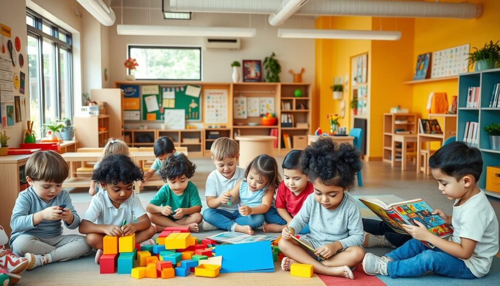 A cozy, welcoming classroom setting with vibrant colors and engaging educational elements. The foreground features a group of diverse children actively engaged in various learning activities, such as building with colorful blocks, exploring science experiments, and reading books. The middle ground showcases an array of inspiring wall displays, interactive learning stations, and comfortable seating areas that encourage exploration and collaboration. The background depicts a warm, natural-lit environment with large windows, bringing in an abundance of natural light and a sense of openness. The overall atmosphere exudes a stimulating, nurturing, and child-friendly vibe that fosters curiosity, creativity, and a love for learning.